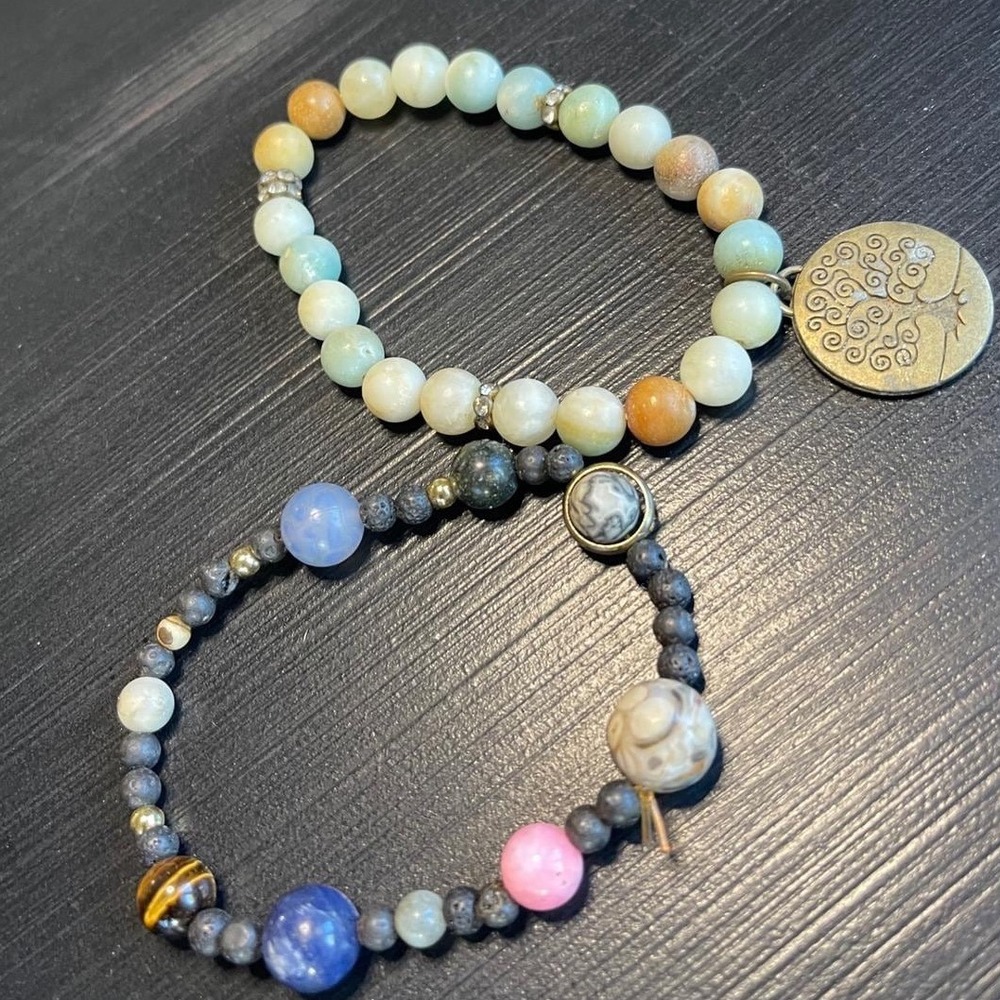 Solar System Planet & Tree of Life Stone Bead Bracelet Set Celestial Jewelry